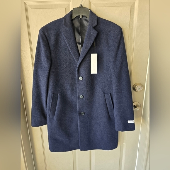 $395 Calvin Klein Long Coat 40 Mens Prosper Blue Wool Blend Heavy Old Money - Picture 2 of 16